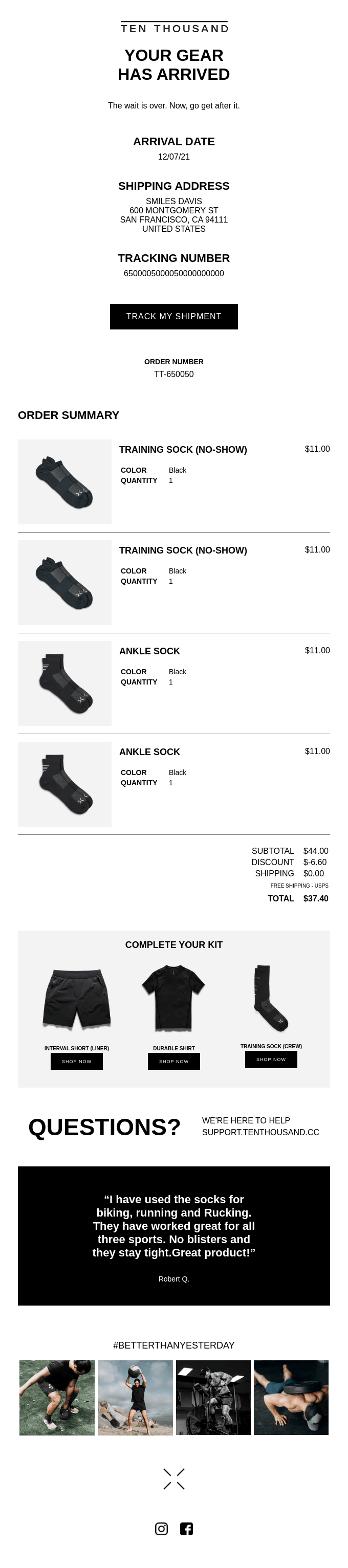 Shipping confirmation email example showing delivery notification with order tracking information and follow-up customer feedback request timing